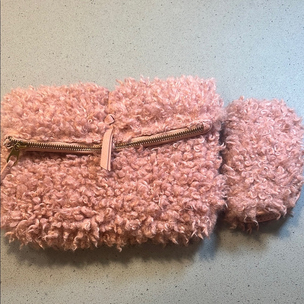 Fuzzy Pink Clutch with Zipper and Sunglass Case Set